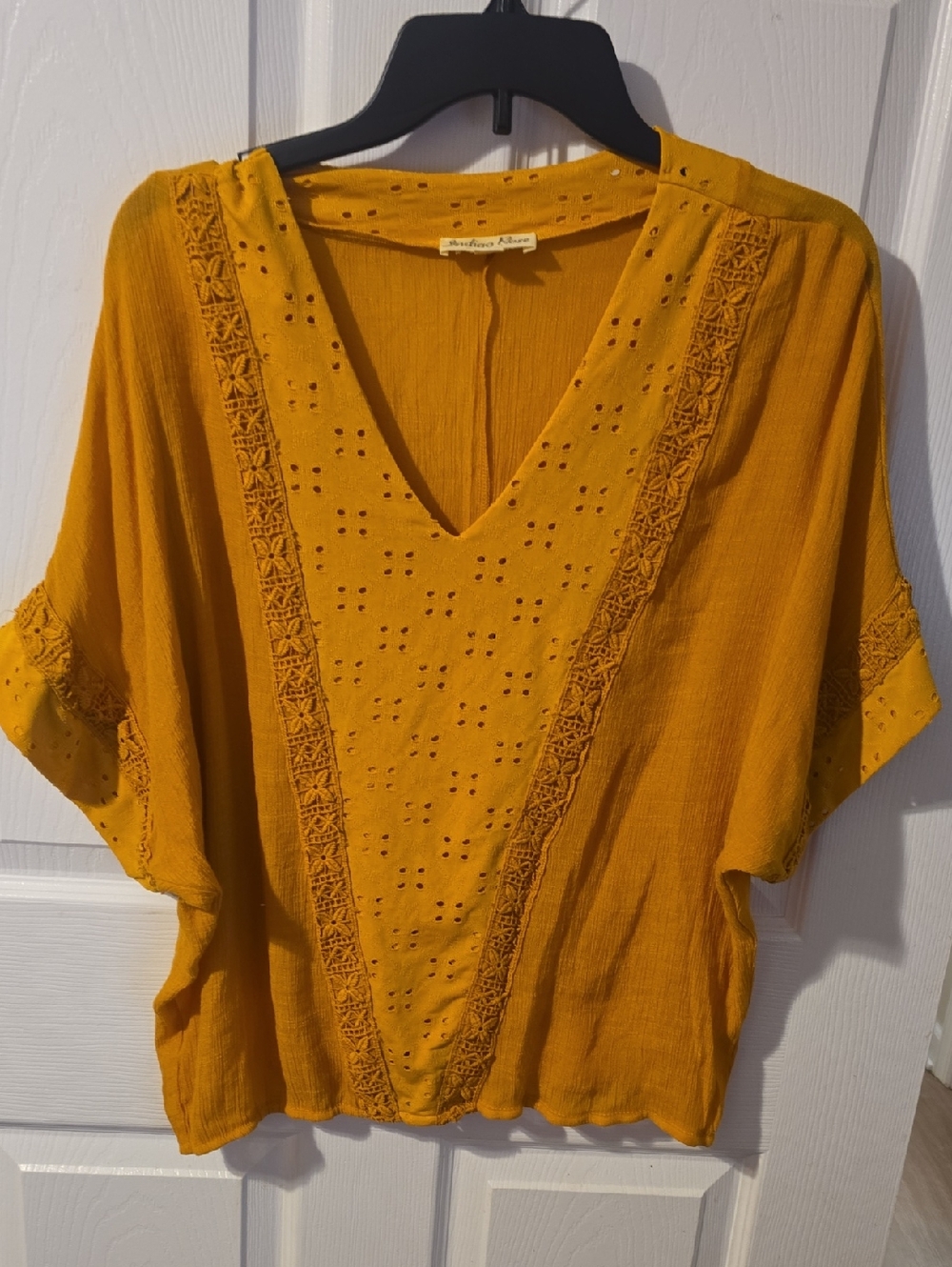Mustard Eyelet V-Neck Tunic with Crochet Trim